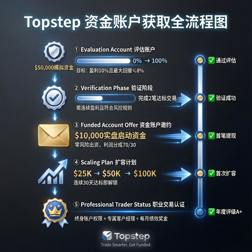 Topstep funded account passing process flowchart showing evaluation to funded trader journey