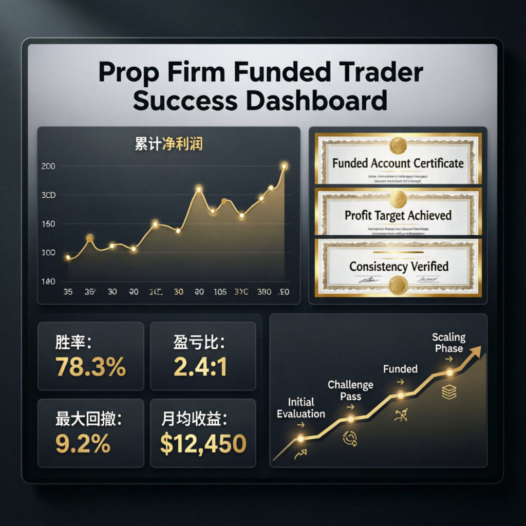 Prop firm funded trader success dashboard showing profit charts, passing certificates, and trading performance metrics