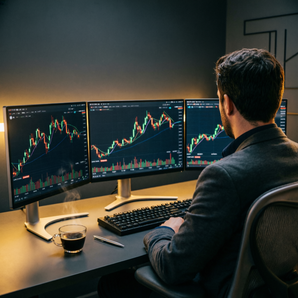 Professional trader analyzing futures charts on multiple monitors for Apex Trader Funding