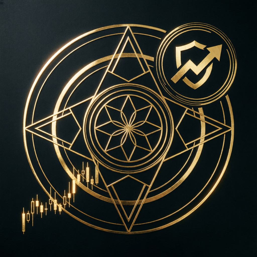 Trading strategy blueprint with golden geometric patterns representing Apex success strategies