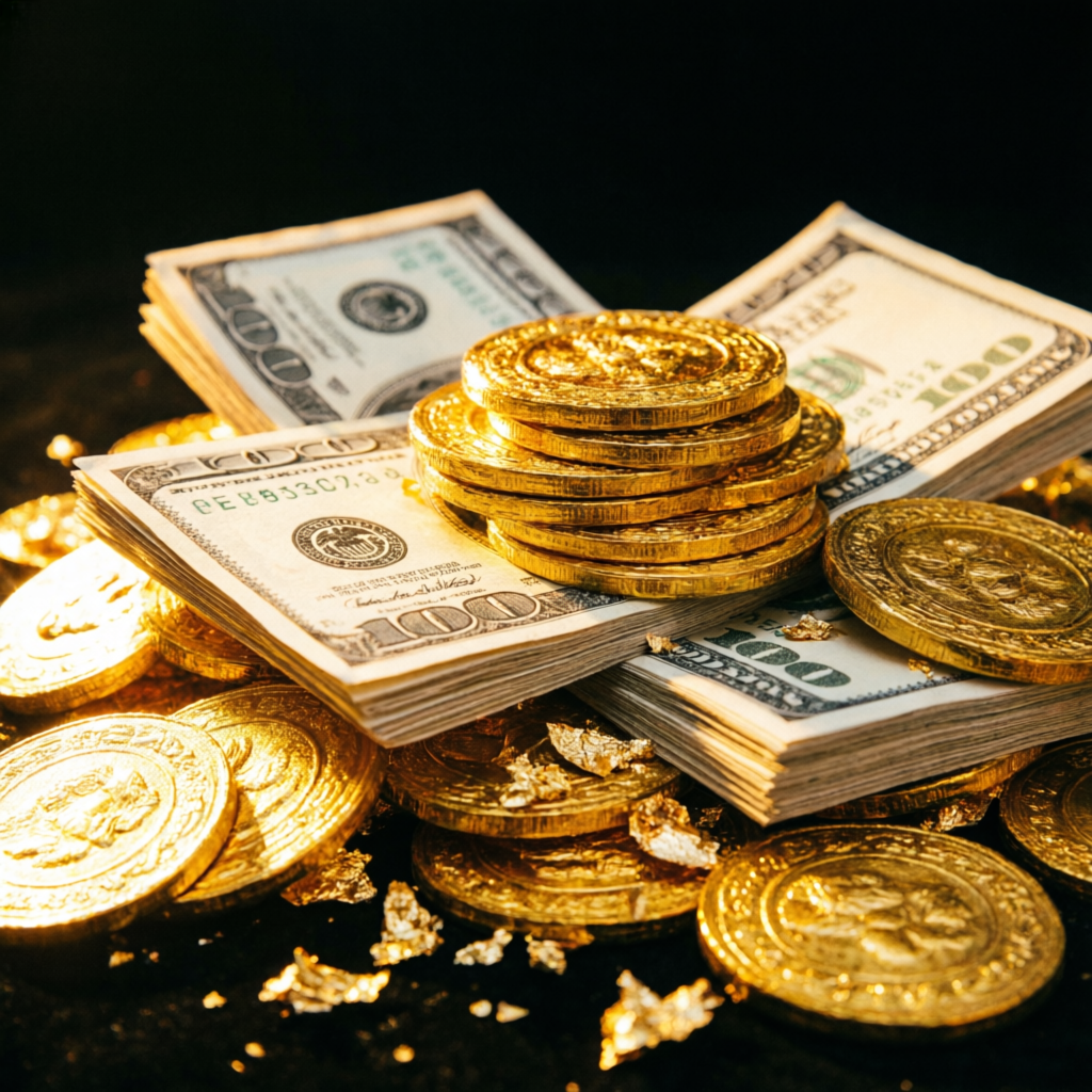 Gold coins and cash representing Apex Trader Funding profit payouts