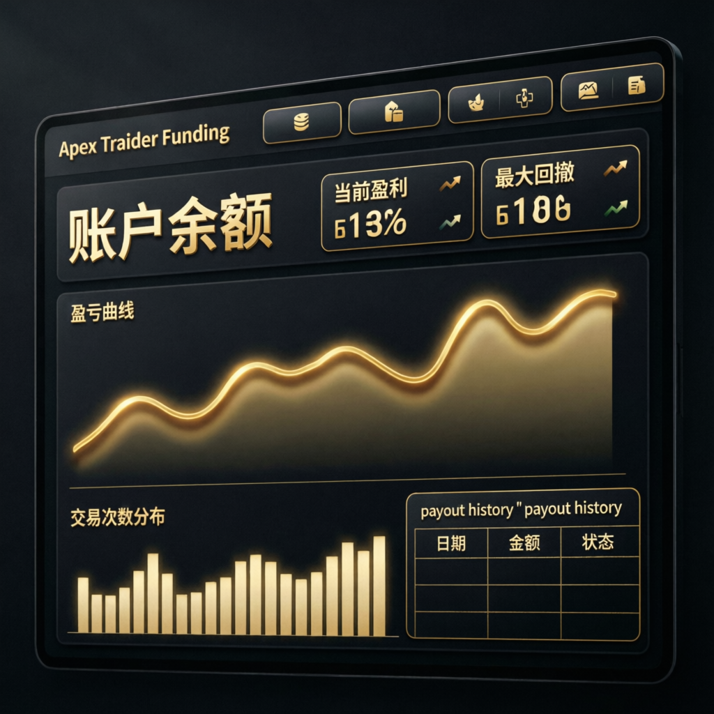Apex Trader Funding dashboard showing account balance, profit curve, and payout history