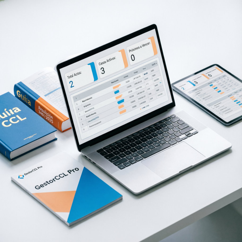 Kit GestorCCL Pro: laptop con dashboard de gestión de actas, libros guía CCL, resolución 3461/2025, tablet y revista corporativa sobre Comité de Convivencia Laboral