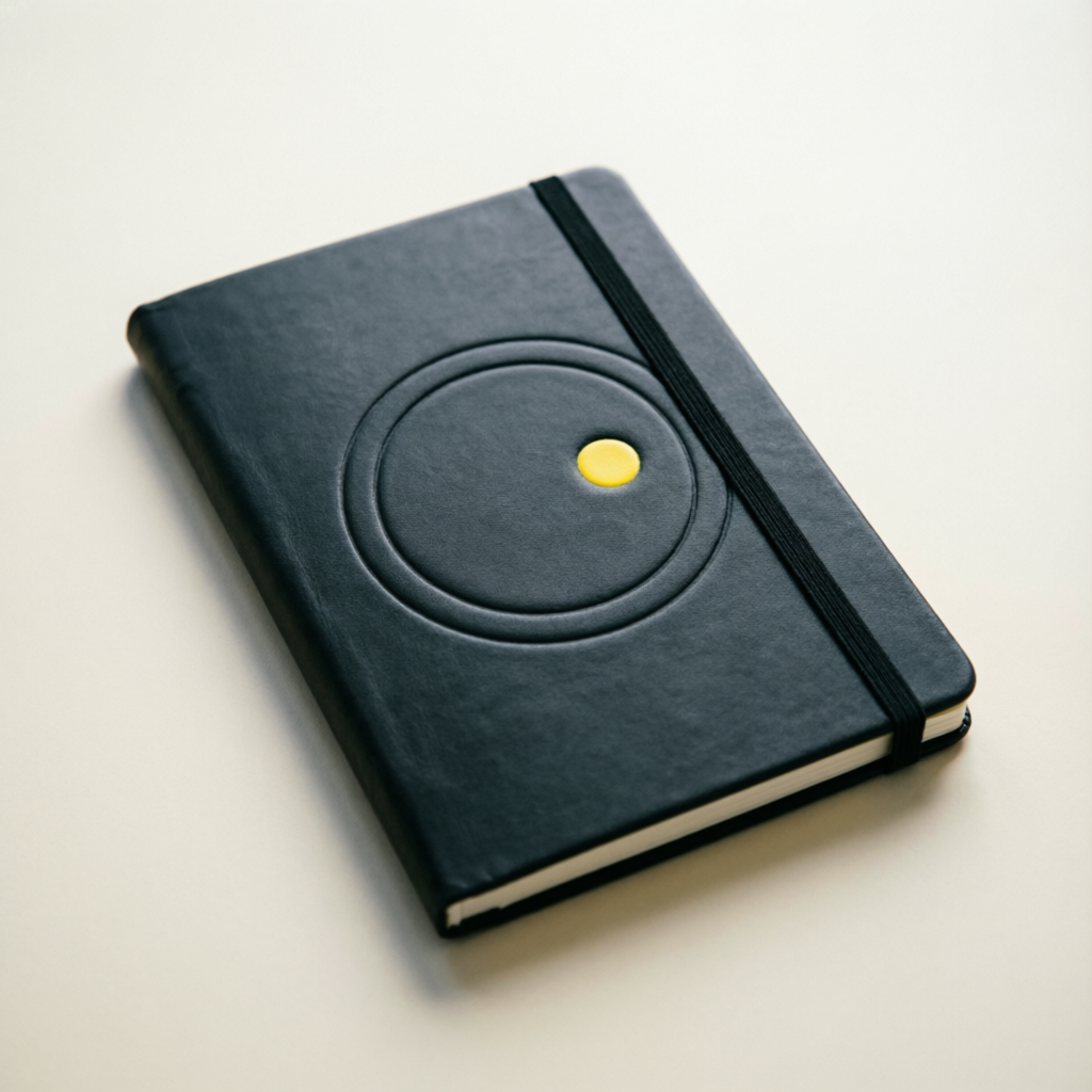 Dot Notebook — black hardcover with debossed circle and yellow dot