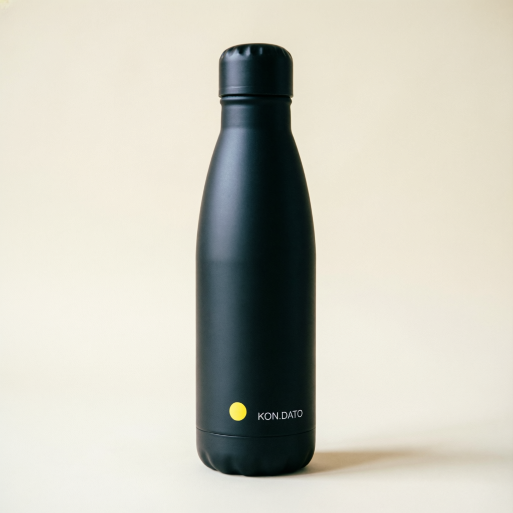 Matte Bottle — black steel bottle with yellow dot and KON.DATO mark
