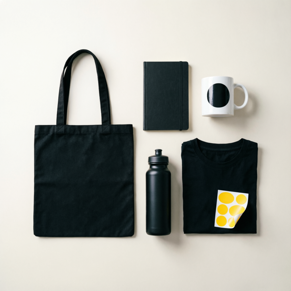 KON.DATO corporate gift kit flat lay — tote, notebook, mug, tee, bottle