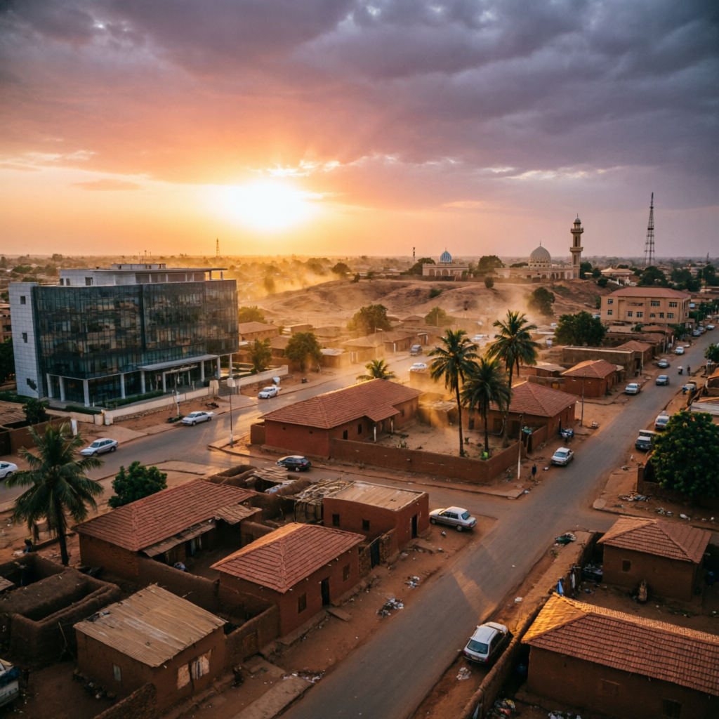 Vue aérienne de Ouagadougou au coucher du soleil