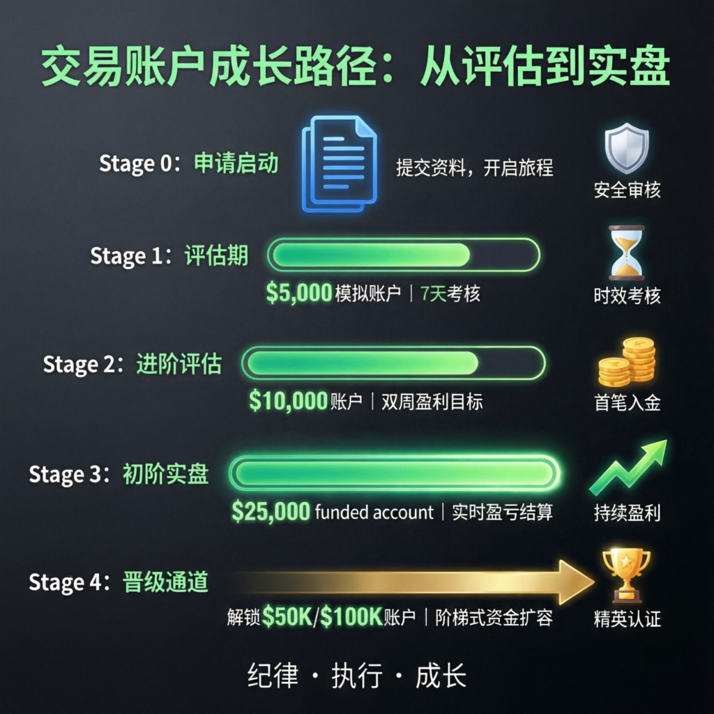 Trading account growth path from evaluation to funded account showing stages and milestones