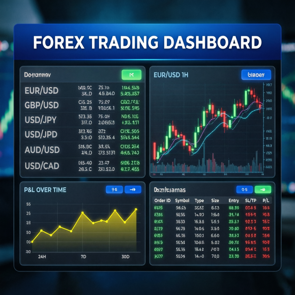 Forex trading dashboard showing live market analysis for 100X Club evaluation preparation
