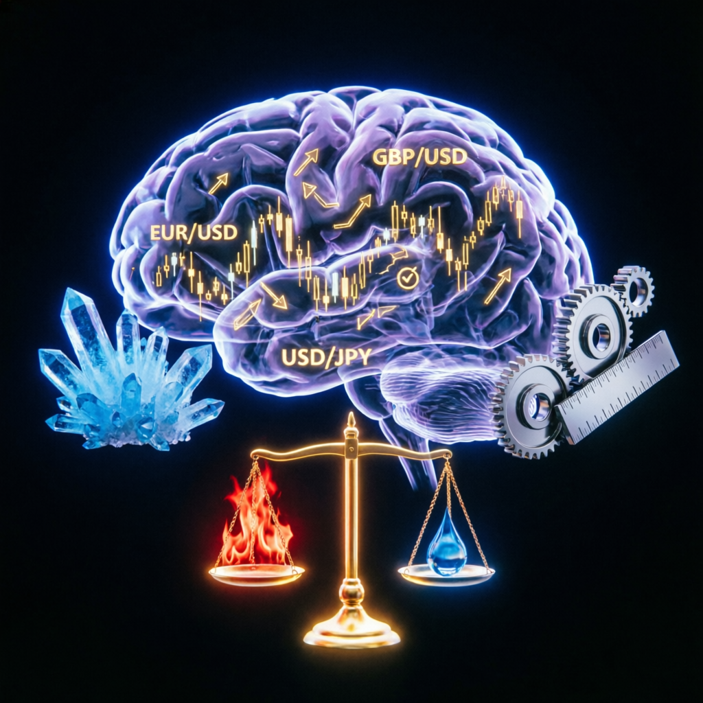 Trading psychology concept showing emotional control and mental discipline for prop firm evaluation success