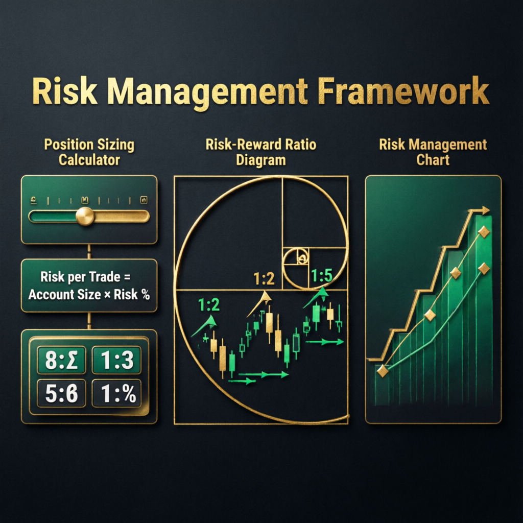 Risk management framework showing position sizing, risk-reward ratio, and drawdown control for prop firm evaluations