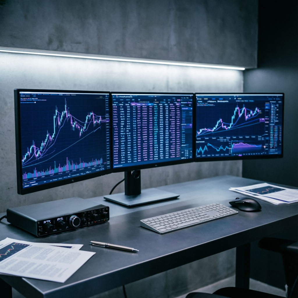 Professional multi-monitor trading setup for 100X Club evaluation and prop firm challenge