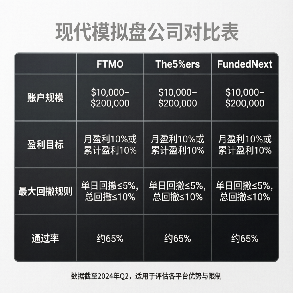 Prop firm comparison table showing different account sizes and rules