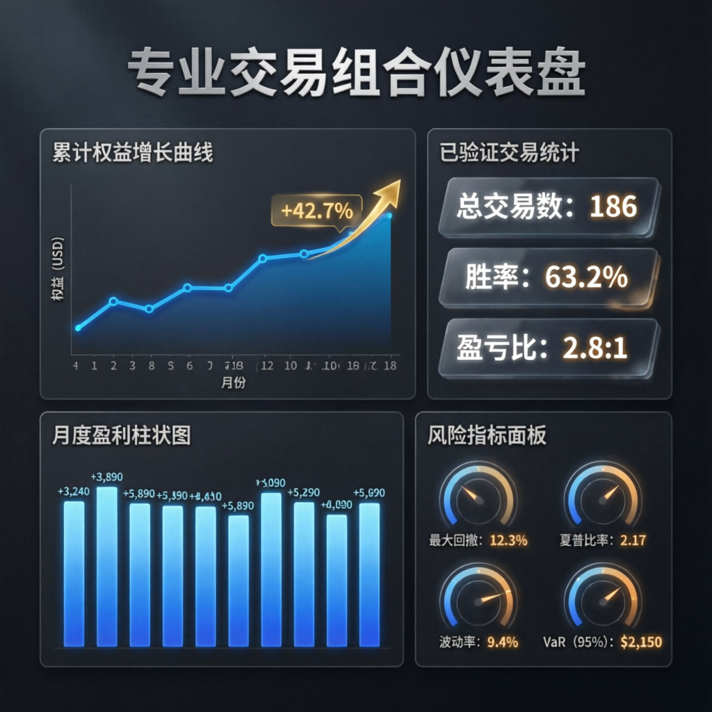Professional portfolio dashboard showing consistent equity growth and trading statistics