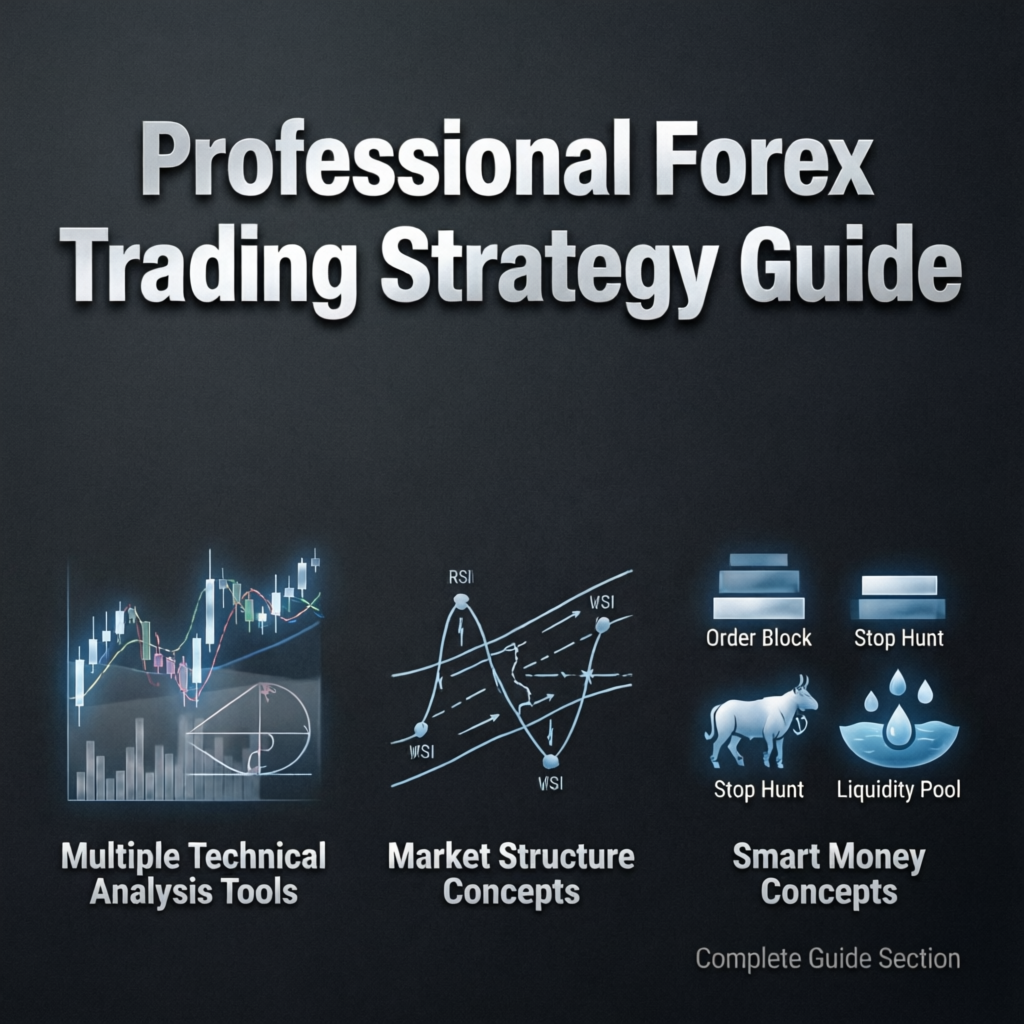 Professional forex trading strategy guide showing technical analysis tools and market concepts