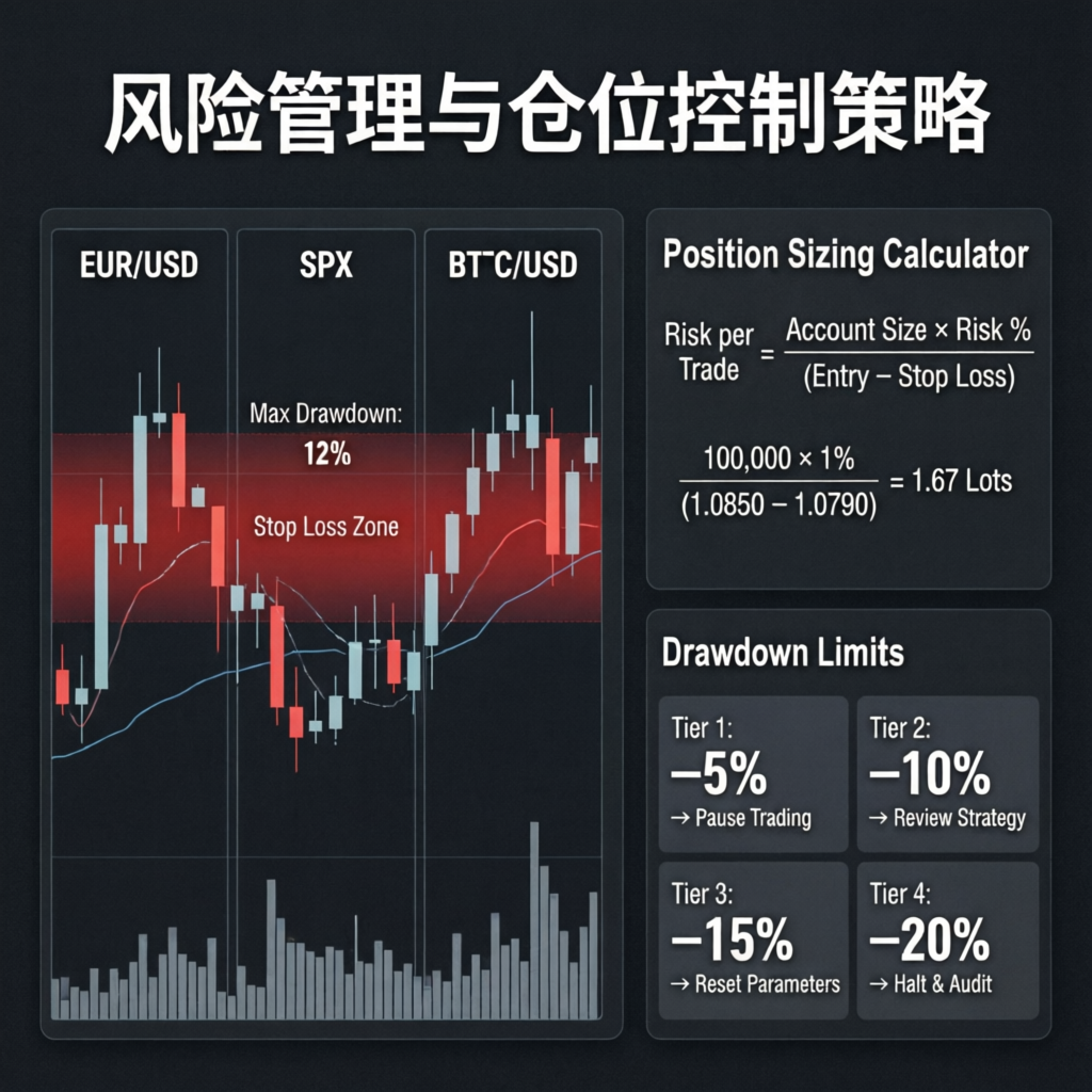 Risk management and position sizing infographic showing drawdown limits and trading calculations