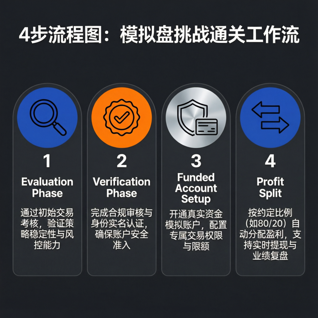 4-step process illustration for prop firm challenge passing workflow