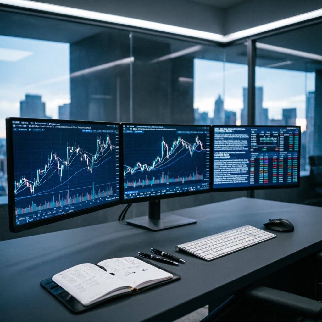 Professional trading setup with multiple monitors displaying forex charts and financial data