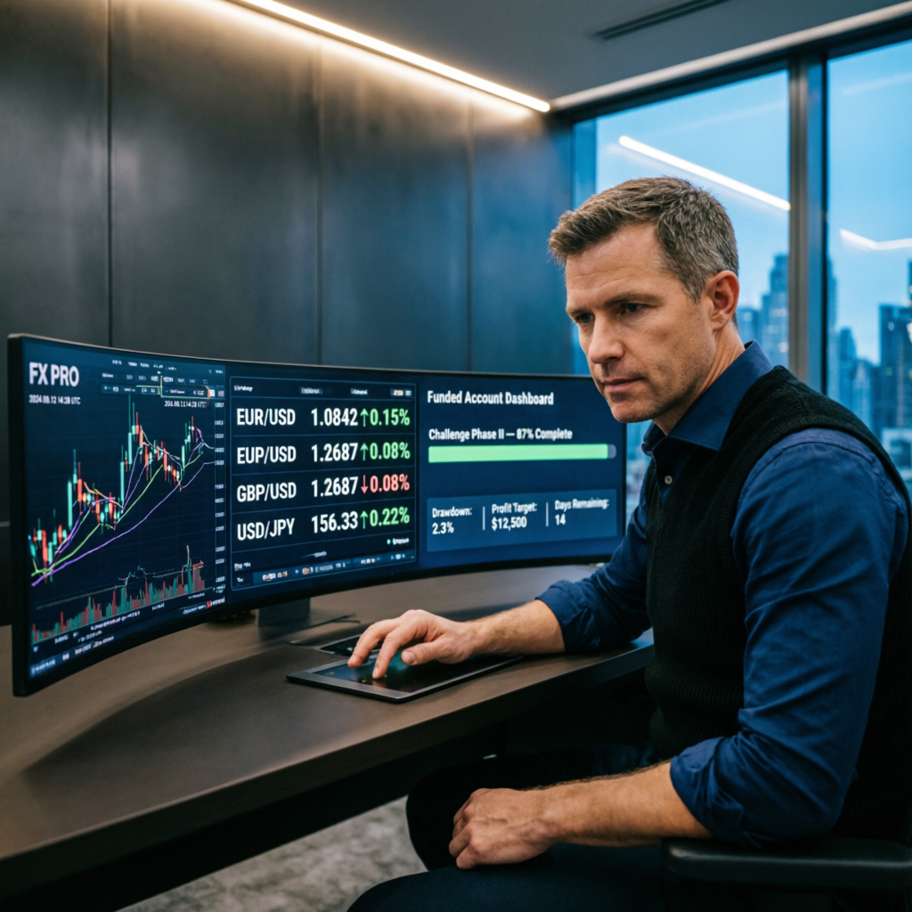 Professional forex trader analyzing multiple charts on large screens in modern office