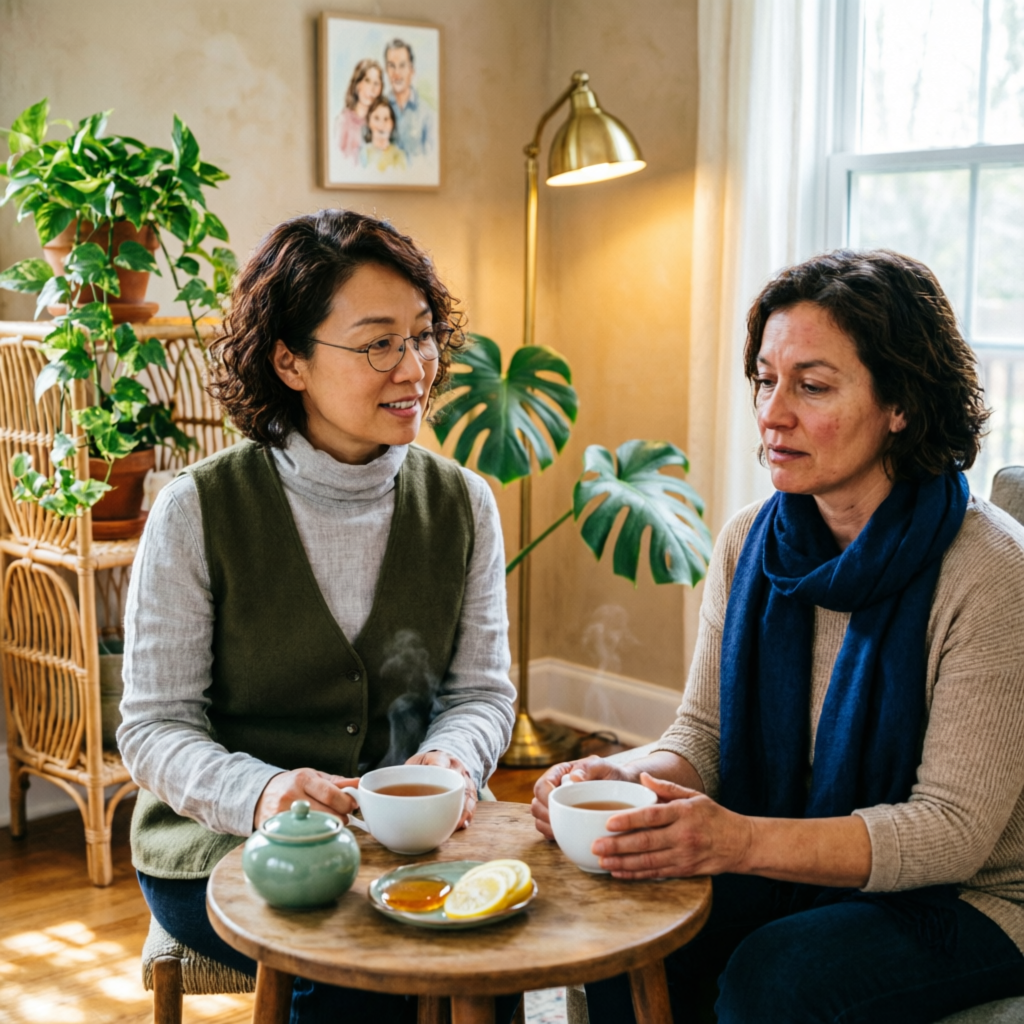 Colloquio di counseling empatico davanti a una tazza di tè