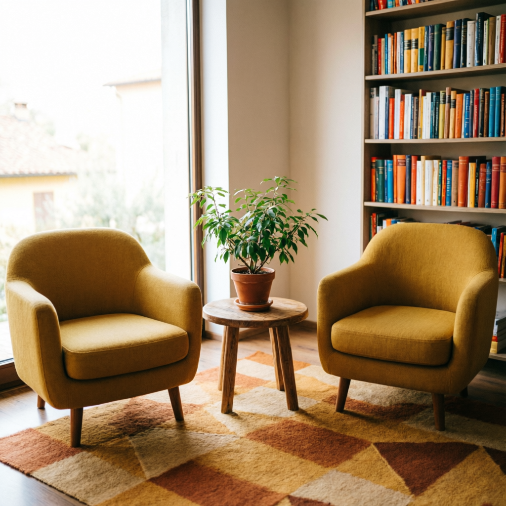 Studio di counseling accogliente con due poltrone gialle