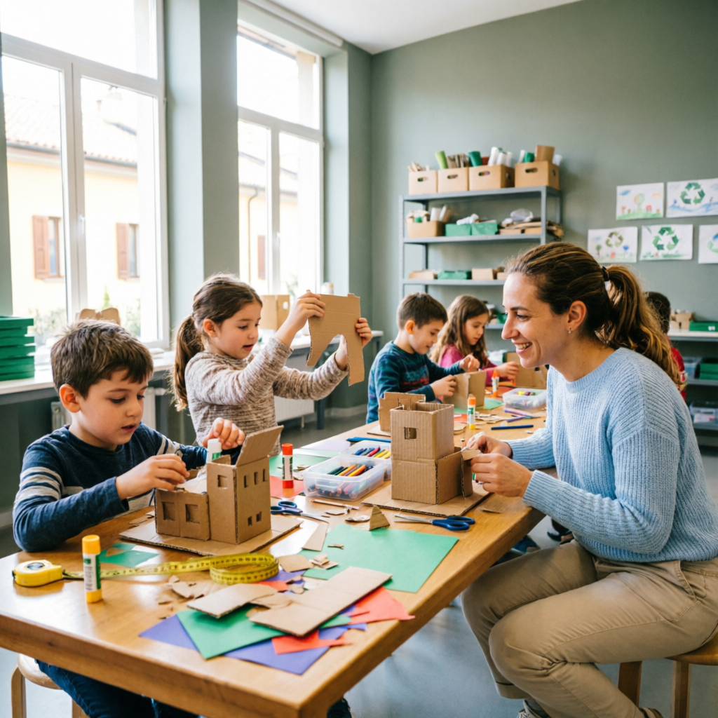 Bambini che costruiscono con materiali di riciclo nel laboratorio esperienziale