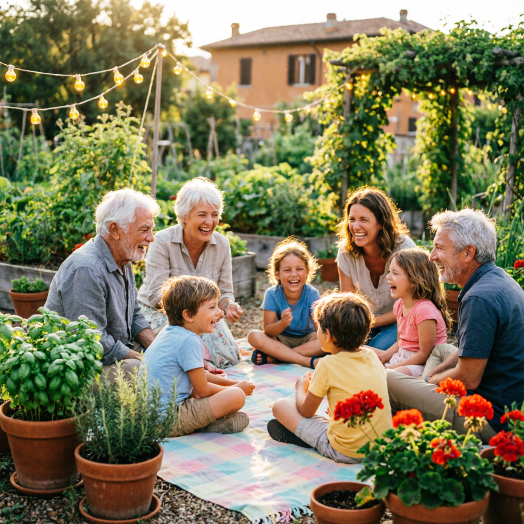 Cerchio di comunità intergenerazionale in giardino