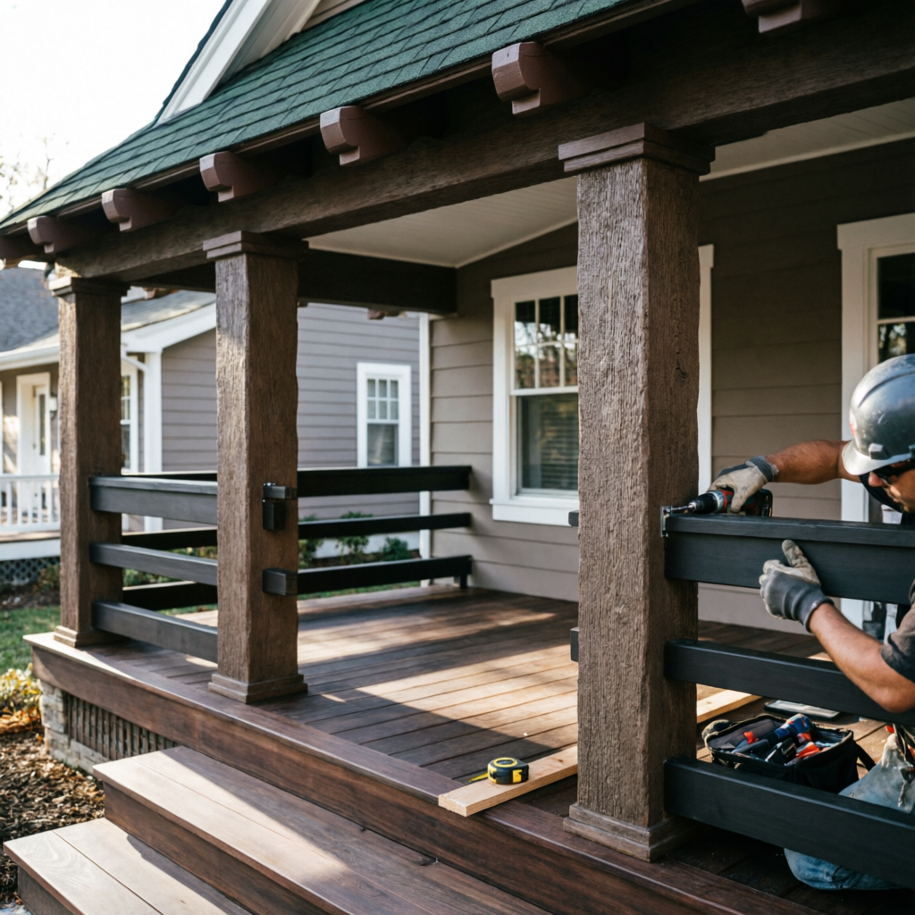 Porch construction with railings