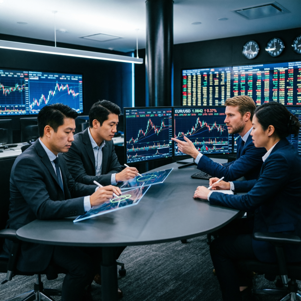 Professional trading team analyzing charts and managing funded accounts