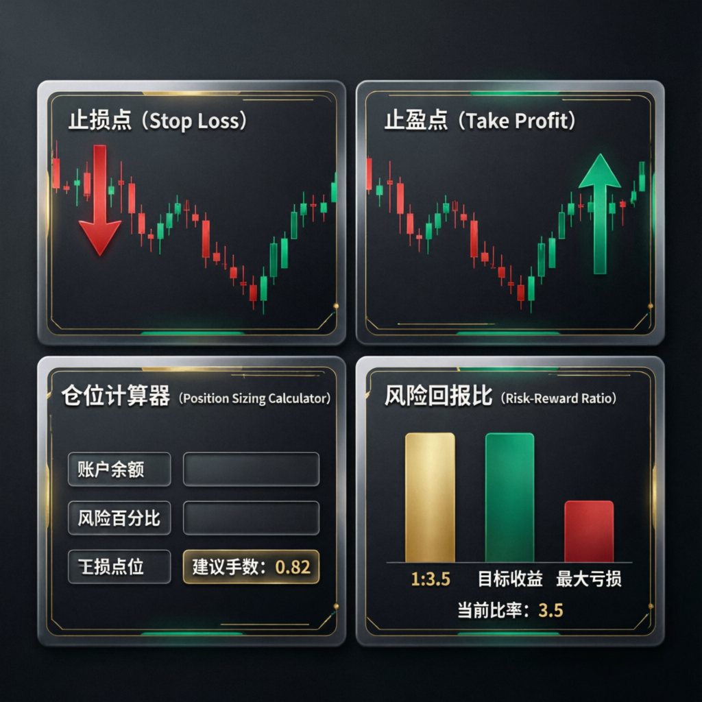 Risk management trading tools including stop loss, take profit, and position sizing