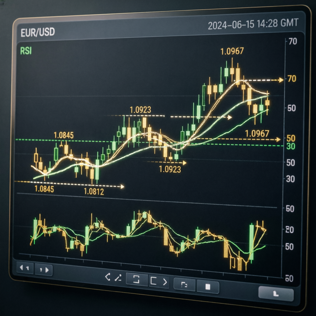 Professional forex trading strategy chart with technical indicators