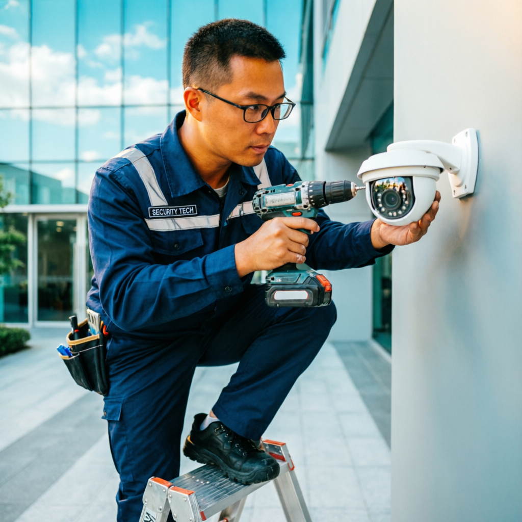 Teknisi memasang kamera CCTV
