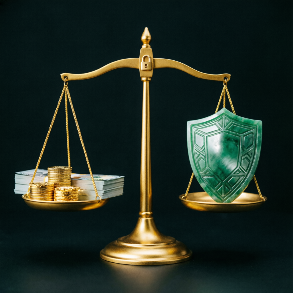Risk management concept with balance scale showing money and protection shield