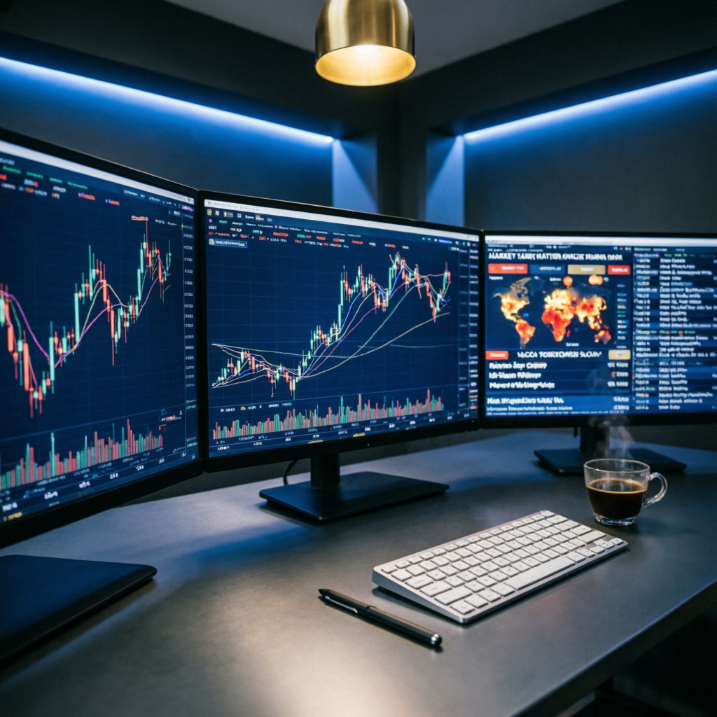 Professional forex trader workspace with multiple monitors showing live trading charts