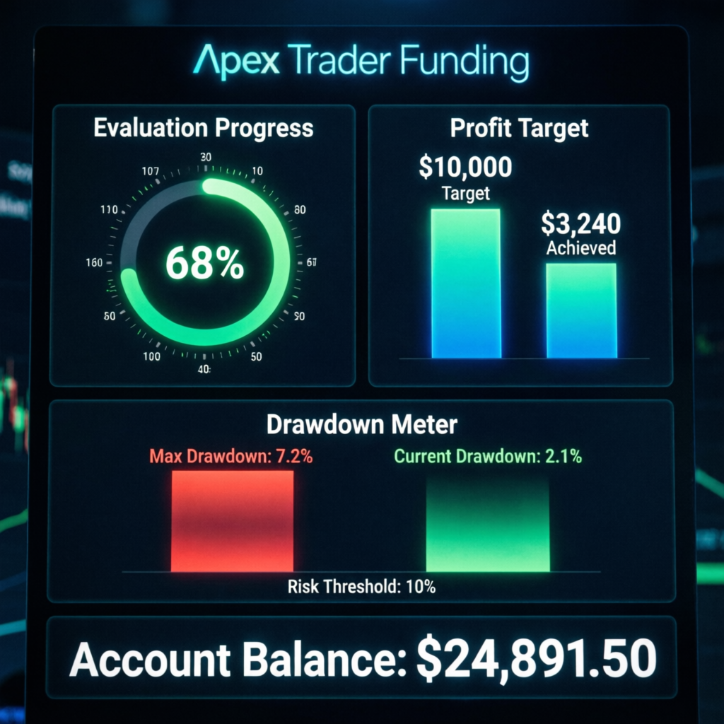 Apex Trader Funding evaluation dashboard showing profit target and drawdown meter