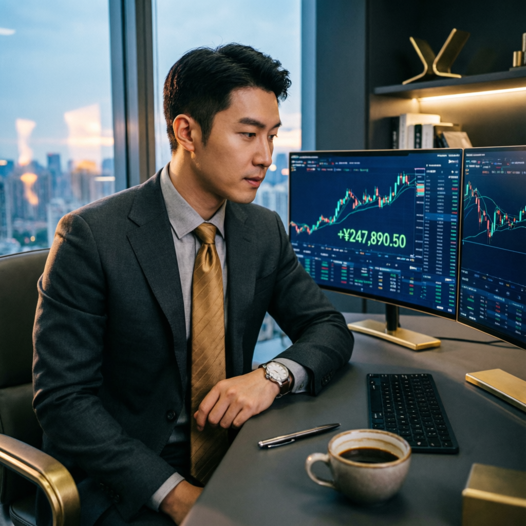Professional funded trader reviewing profitable trading results on multiple monitors