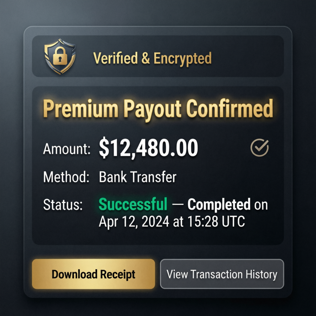 Premium payout confirmation showing successful bank transfer
