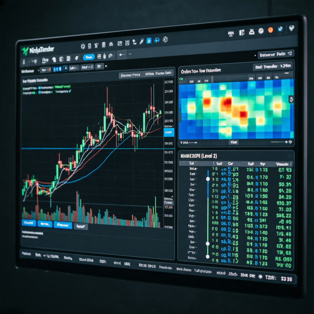 NinjaTrader trading platform interface showing futures charts and order flow