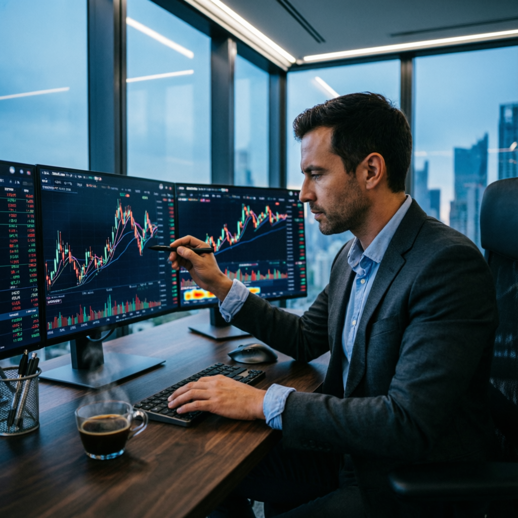 Professional trader analyzing multiple screens with financial charts