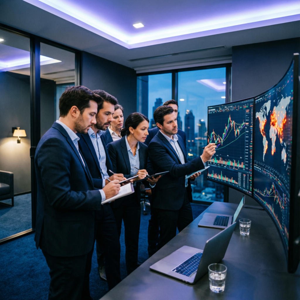 Professional trading team analyzing funded account performance data