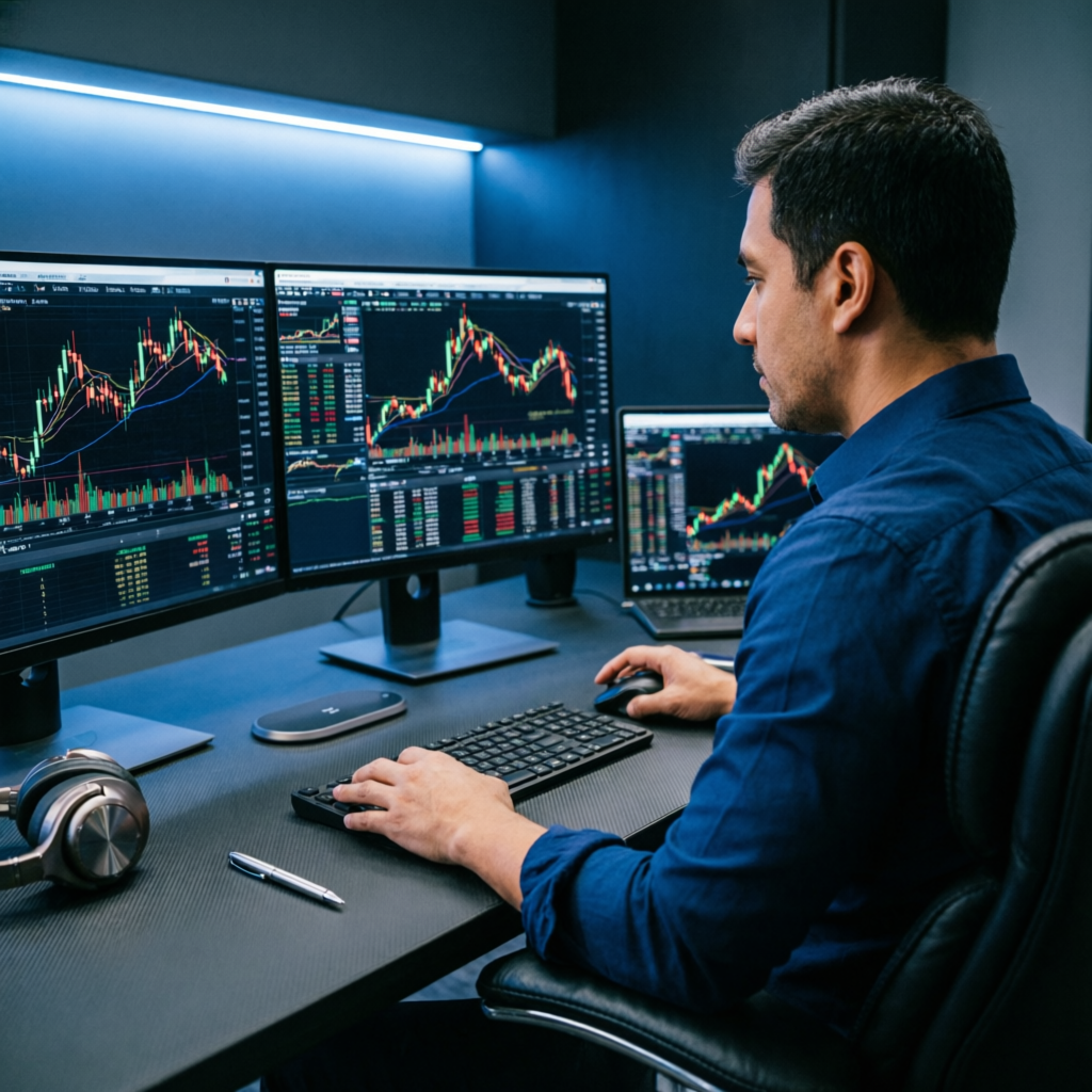 Professional trader using NinjaTrader platform with multiple monitors for Apex Trader Funding