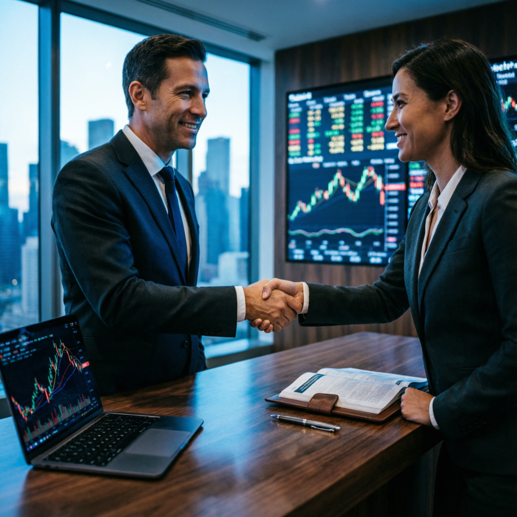 Professional business handshake representing trust and legitimacy in prop firm industry