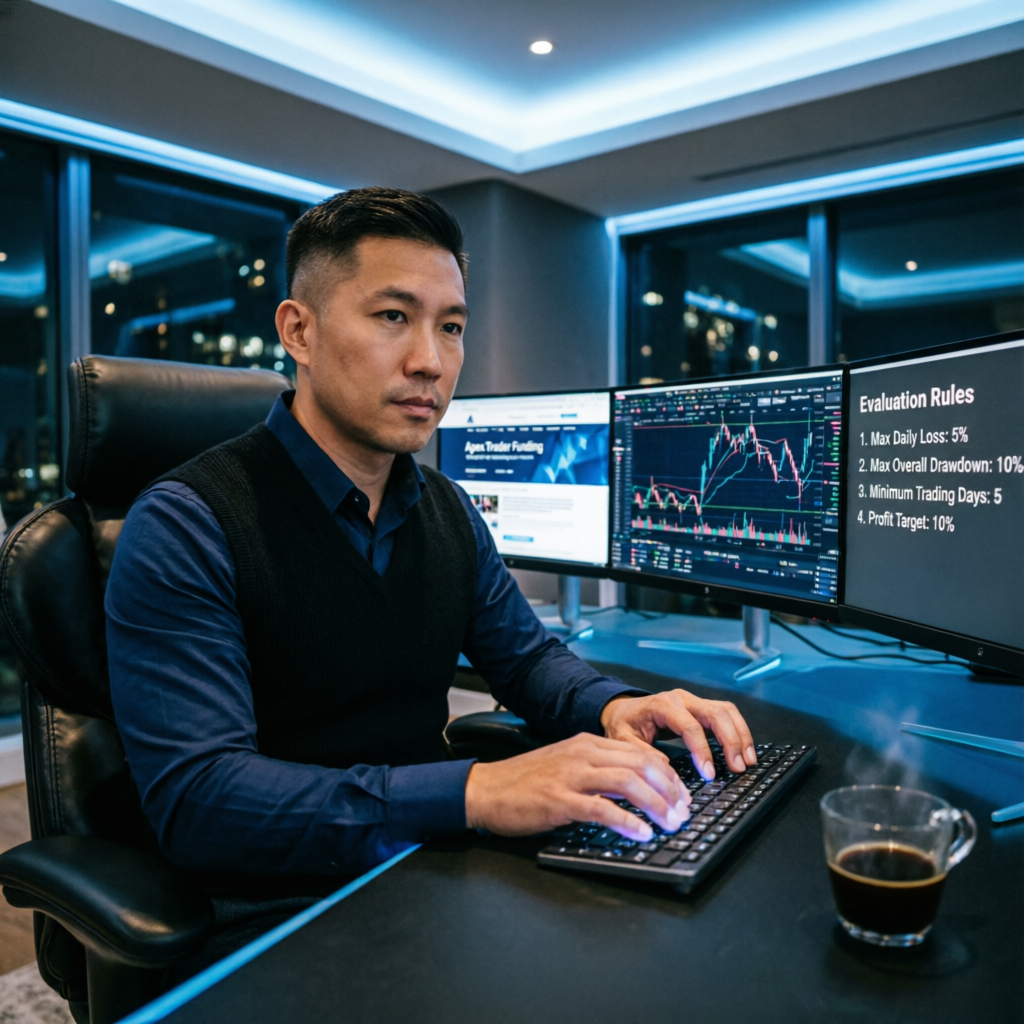 Professional trader reviewing Apex Trader Funding evaluation rules on multiple monitors