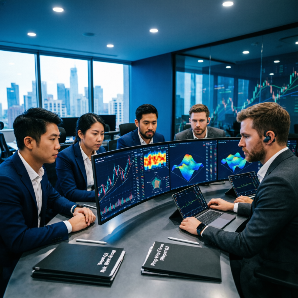 Professional trading team analyzing prop firm accounts and performance metrics
