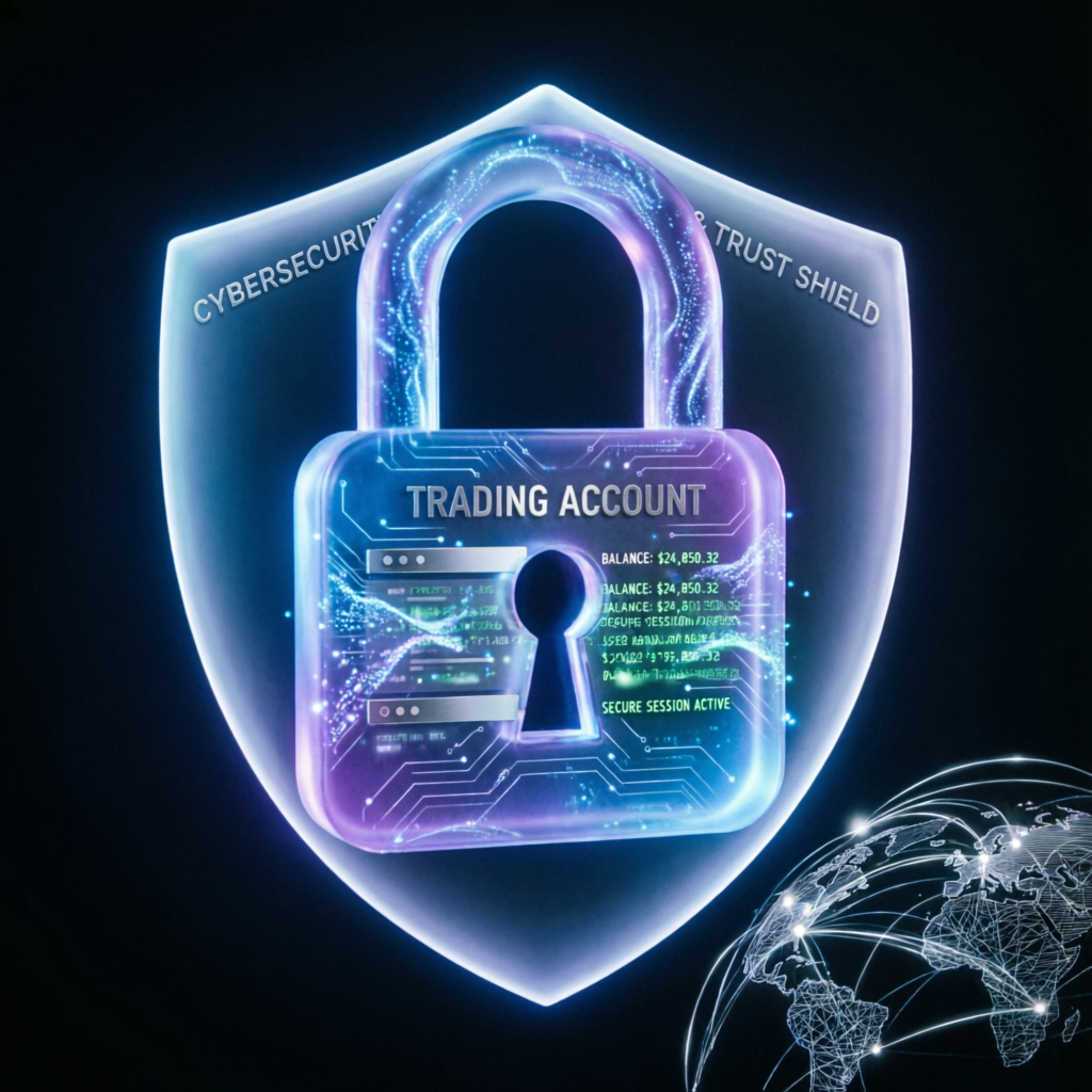 Cybersecurity shield protecting trading accounts with trust verification