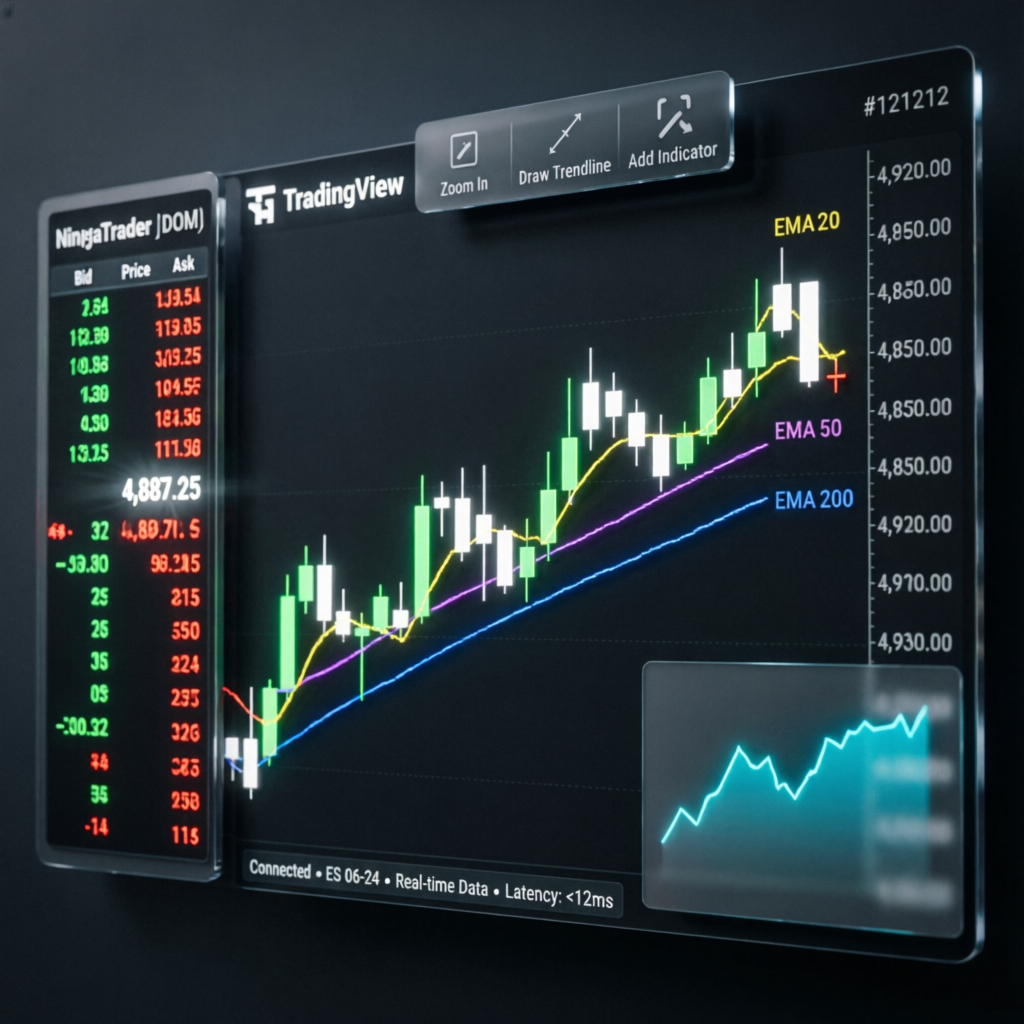 NinjaTrader and TradingView platform interface showing futures trading with technical indicators
