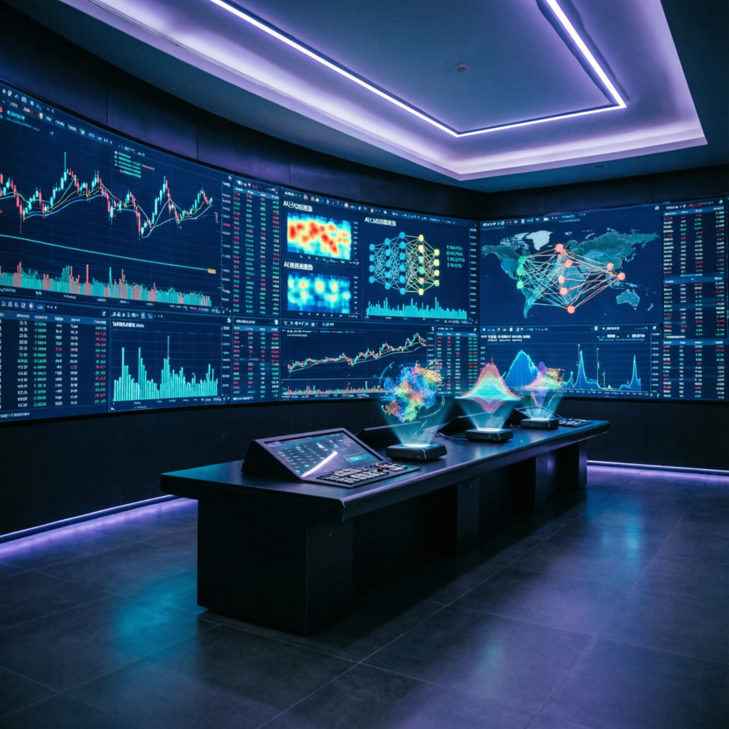 Futuristic trading command center with multiple screens showing global markets