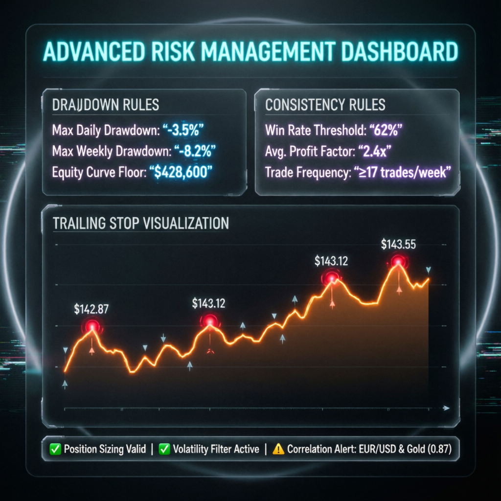 Advanced risk management dashboard showing Apex drawdown and consistency rules