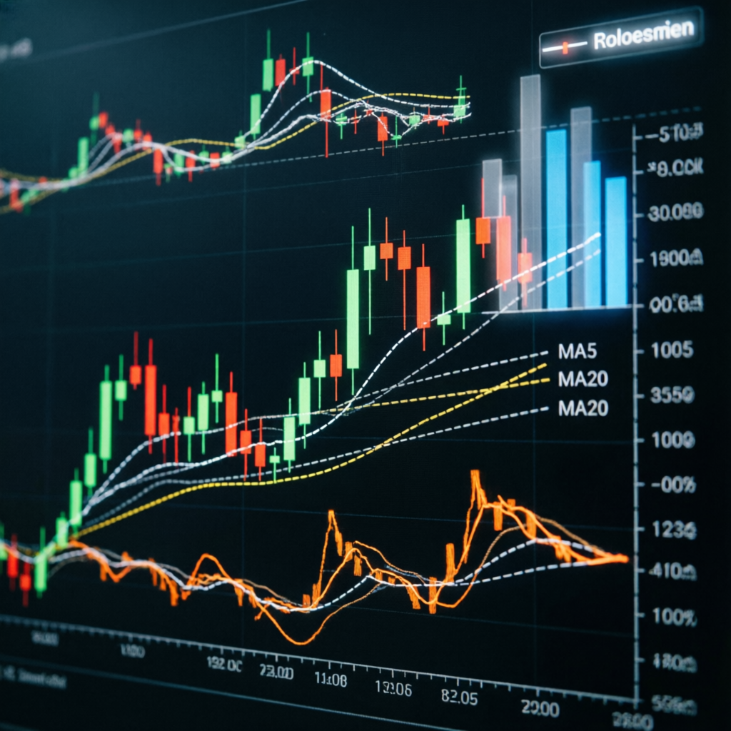 Futures trading chart analysis with technical indicators for Apex evaluation