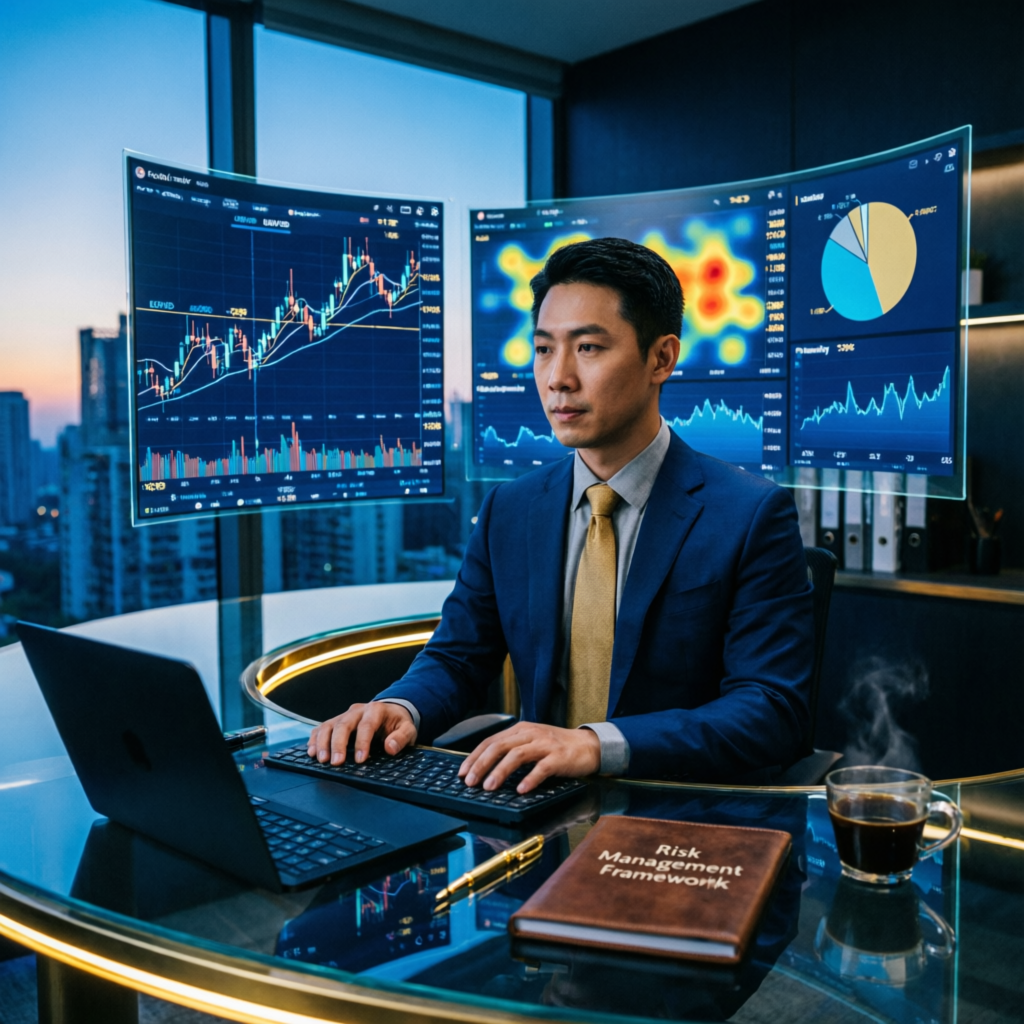 Professional funded account manager analyzing risk management frameworks